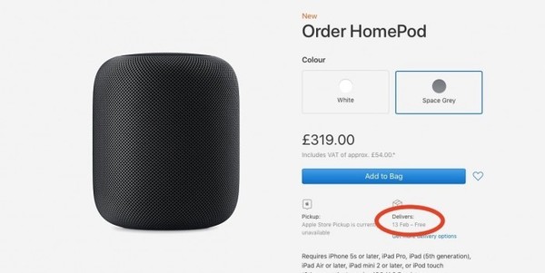 HomePod終發(fā)售 英國用戶發(fā)貨延期很著急