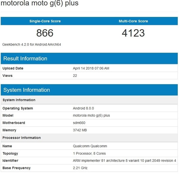 moto G6 Plus跑分曝光 搭載驍龍660雙攝